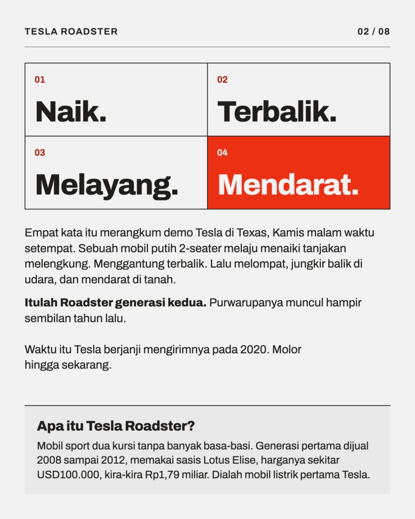 Empat kata demo Roadster: naik, terbalik, melayang, mendarat