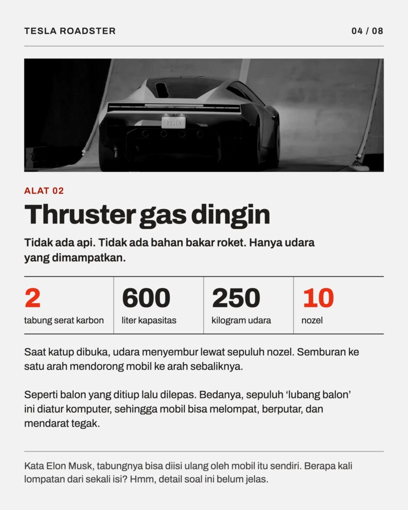 Thruster gas dingin: 2 tabung, 600 liter, 250 kg udara, 10 nozel